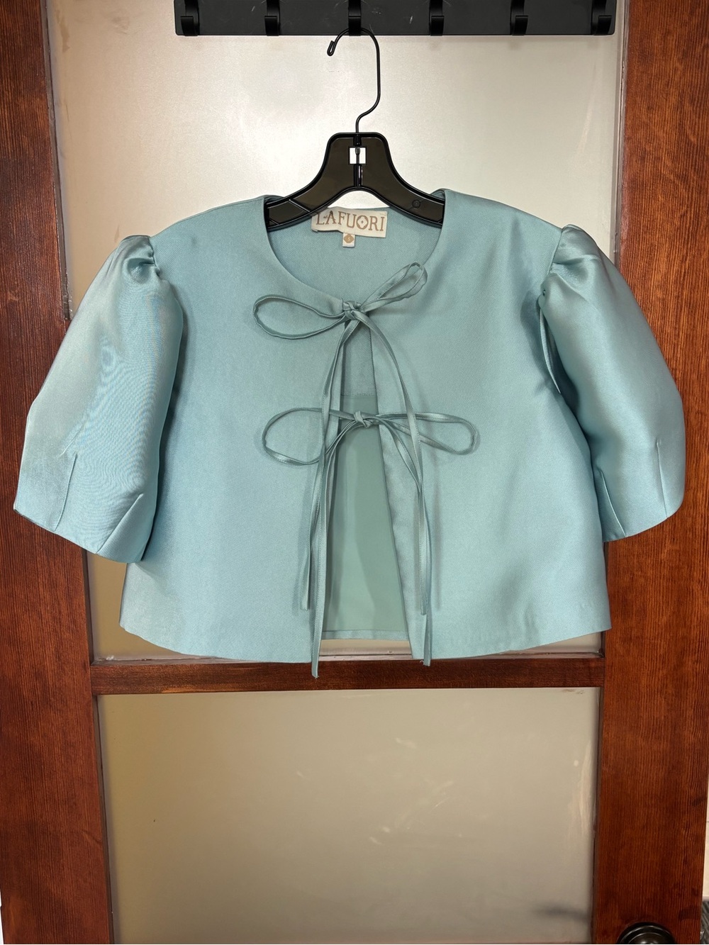 La Fuori Sea-Foam Green Tie-Front Satin Crop Jacket